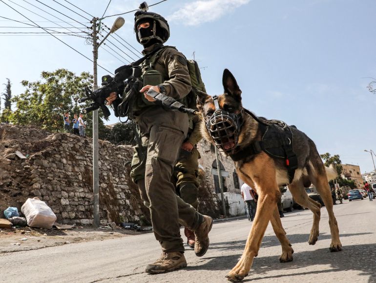 An Israeli K-9 soldier and dog patrol in the H1 sector of Hebron, controlled by the Palestinian authority, as settlers (uneen) enter the sector to visit the tomb of biblical figure Othniel ben Kenaz during the Jewish religious holiday of Sukkot, in the divided city in the occupied West Bank on October 16, 2019. The Jewish festival of Sukkot commemorates the biblical desert wanderings of the Israelites after their exodus from Egypt. (Photo by HAZEM BADER / AFP)
