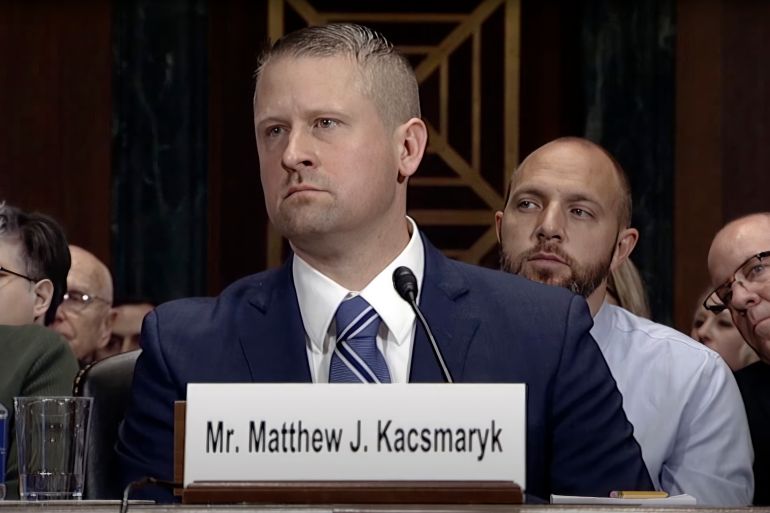 In this image from video from the Senate Judiciary Committee, Matthew Kacsmaryk listens during his confirmation hearing before the Senate Judiciary Committee on Capitol Hill in Washington, on Dec. 13, 2017. Kacsmaryk, a Texas judge who sparked a legal firestorm with an unprecedented ruling halting approval of the nation's most common method of abortion, Friday, April 7, 2023, is a former attorney for a religious liberty legal group with a long history pushing conservative causes. (Senate Judiciary Committee via AP)