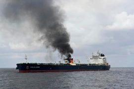 CAPTION CORRECTS LOCATION TO GULF OF ADEN In this photo provided by the Indian Navy on Saturday, Jan. 27, 2024, a view of the oil tanker Marlin Luanda on fire after an attack, in the Gulf of Aden. The crew aboard a Marshall Islands-flagged tanker hit by a missile launched by Yemen’s Houthi rebels is battling a fire onboard the stricken vessel sparked by the strike. (Indian Navy via AP)