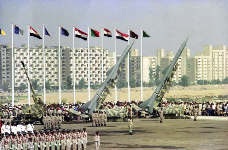 Rocket launchers at first anniversary of the Yom Kippur war was celebrated with a big parade in Cairo, Egypt on Oct. 6, 1974. (AP Photo/Harry Koundakjian)