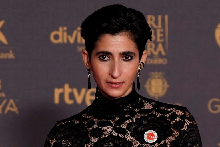 Alba Flores wears a sticker reading "Gaza, Stop the arms trade, ceasefire now" as she attends the Spanish Film Academy's Goya Awards ceremony in Valladolid, Spain, February 10, 2024. REUTERS/Ana Beltran