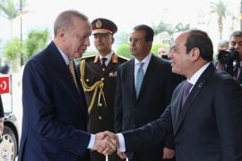 الرئيس المصري عبد الفتاح السيسي (يمين) يصافح نظيره التركي رجب طيب أردوغان (الأناضول)