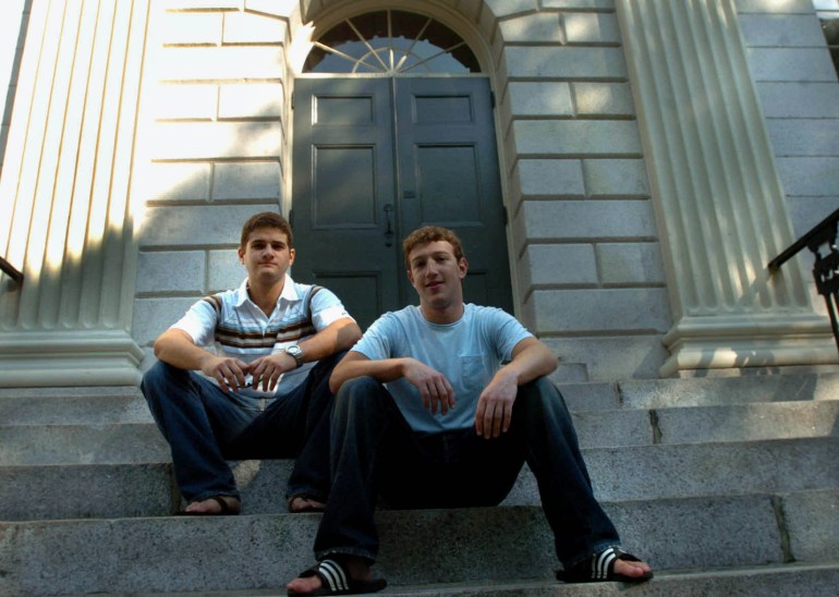 Cambridge – November 12: Facebook.com founder Mark Zuckerberg, right, and Dustin Moskowitz, co-founder, left;  He was photographed in Harvard Yard.  Both are Harvard University students taking the semester off.  (Photo by Justin Hunt/The Boston Globe via Getty Images)