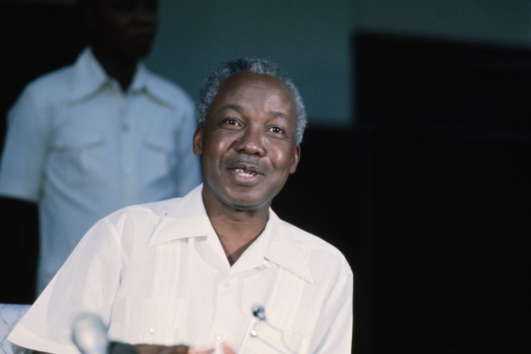 President Julius Nyerere (1922 - 1999) of Tanzania holding a press conference at the State House in Dar es Salaam, Tanzania, September 17th 1976. (Photo by UPI/Bettmann Archive/Getty Images)
