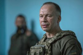 DONETSK OBLAST, UKRAINE - JULY 2: Oleksandr Syrskyi, the commander of the Ukrainian Ground Forces, awards Ukrainian fighters of the 10th Mountain Assault Brigade “Edelweiss” in the Soledar direction on July 2, 2023 in Donetsk Oblast, Ukraine. (Photo by Yuriy Mate/Global Images Ukraine via Getty Images)