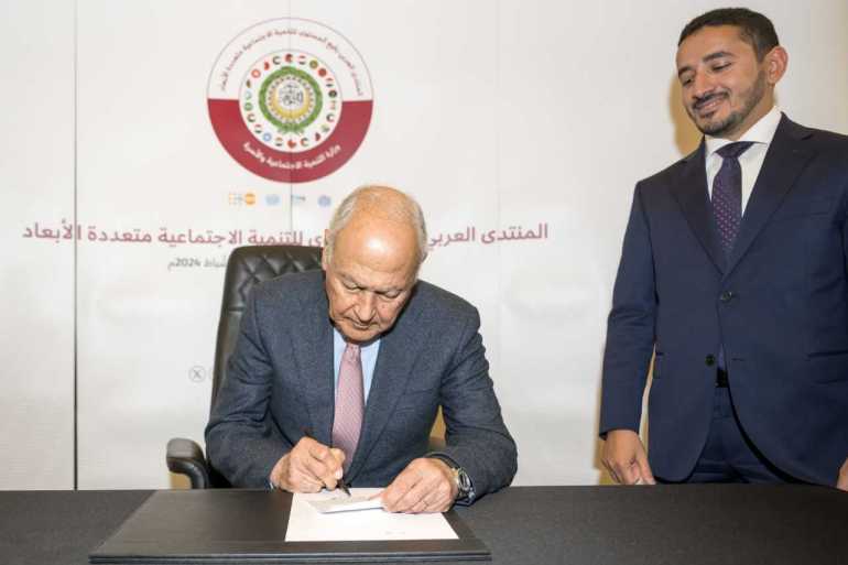 Ahmed Aboul Gheit, Secretary-General of the League of Arab States, signs... 