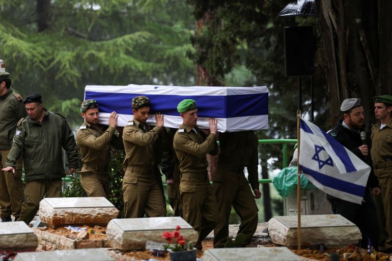 Israeli soldiers carry the casket of Israeli military reservist Sergeant First Class Nicholas Berger, who was killed in the southern Gaza Strip amid the ongoing ground operation of the Israeli army against Palestinian Islamist group Hamas, at his funeral at the Mount Herzl military cemetery in Jerusalem, January 24, 2024. REUTERS/Ronen Zvulun