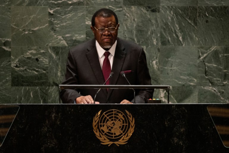 FILE PHOTO: Namibia's President Hage Geingob addresses the 78th United Nations General Assembly at U.N. headquarters in New York, U.S., September 20, 2023. REUTERS/Caitlin Ochs/File Photo