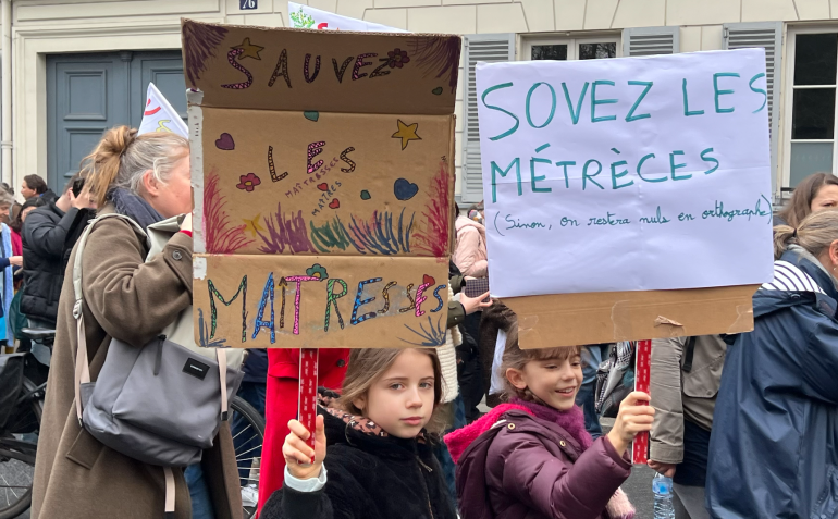 A demonstration in Paris demanding better working conditions and protecting public schools