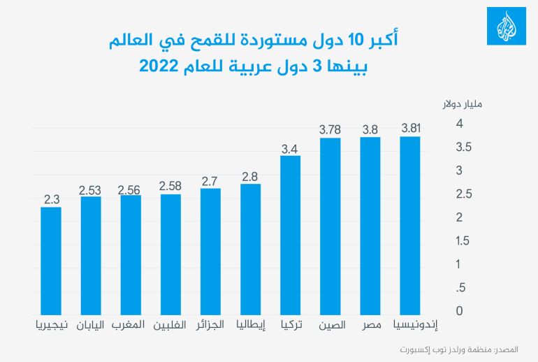 أكبر 10 دول مستوردة للقمح في العالم بينها 3 دول عربية للعام 2022