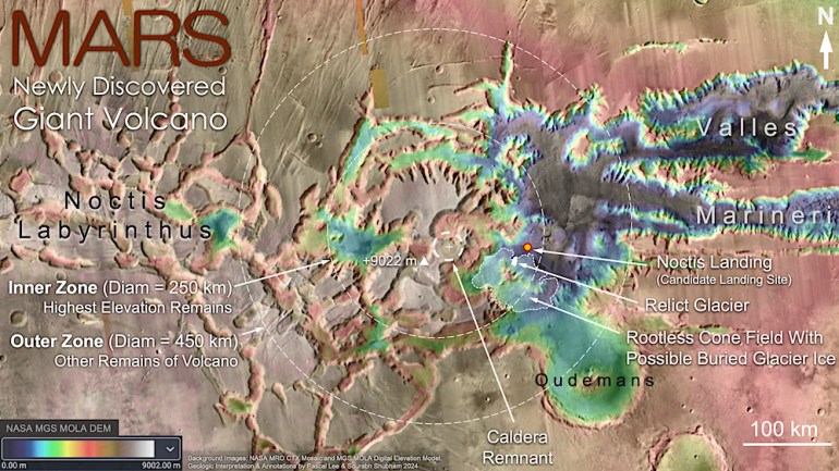 توضح الخريطة الطبوغرافية موقع البركان العملاق المكتشف على موطن البراكين العملاقة سطح المريخ. (معهد سيتي)