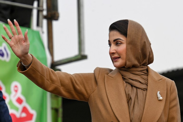 Maryam Nawaz, the daughter of Pakistan's former Prime Minister and leader of Pakistan Muslim League Nawaz (PMLN) party Nawaz Sharif waves to her supporters during an election campaign rally at Mansehra in Khyber Pakhtunkhwa province on January 22, 2024. (Photo by Aamir QURESHI / AFP)