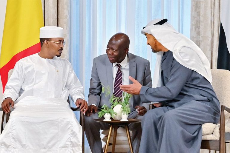 This handout image provided by the UAE Ministry Of Presidential Affairs shows UAE President Sheikh Mohamed bin Zayed al-Nahyan (R) meeting with the Transitional President of Chad Mahamat Idriss Deby (L) at al-Shati Palace in Abu Dhabi on June 14, 2023. (Photo by Hassan Al Menhali / UAE's Ministry of Presidential Affairs / AFP) / === RESTRICTED TO EDITORIAL USE - MANDATORY CREDIT "AFP PHOTO / UAE'S MINISTRY OF PRESIDENTIAL AFFAIRS - NO MARKETING NO ADVERTISING CAMPAIGNS - DISTRIBUTED AS A SERVICE TO CLIENTS === - === RESTRICTED TO EDITORIAL USE - MANDATORY CREDIT "AFP PHOTO / UAE'S MINISTRY OF PRESIDENTIAL AFFAIRS - NO MARKETING NO ADVERTISING CAMPAIGNS - DISTRIBUTED AS A SERVICE TO CLIENTS ===