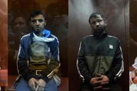 صورة مجمعة للمتهمين الرئيسيين عن الهجوم الذي تبنته داعش على المسرح الترفيهي في موسكو (الفرنسية)