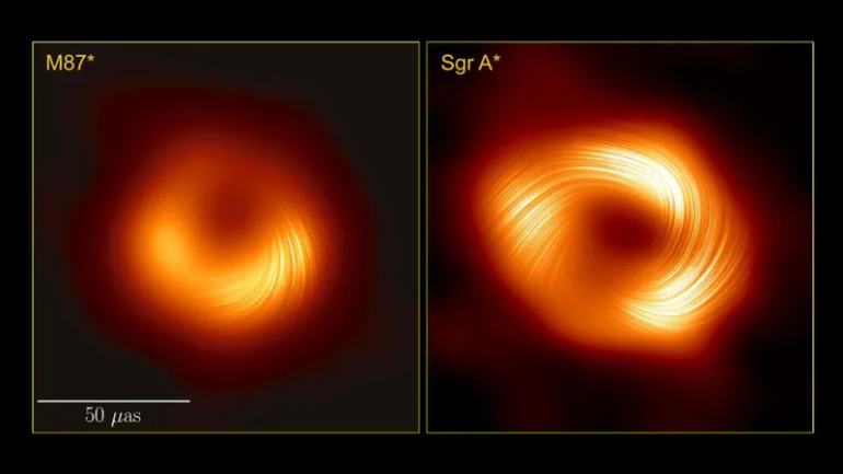 يظهر في الصورة كلا الثقبين الأسودين بعد عملية استقطاب الضوء، ويظهر جليا مدى التماثل في مجالاتهما المغناطيسية (مقراب أفق الحدث)