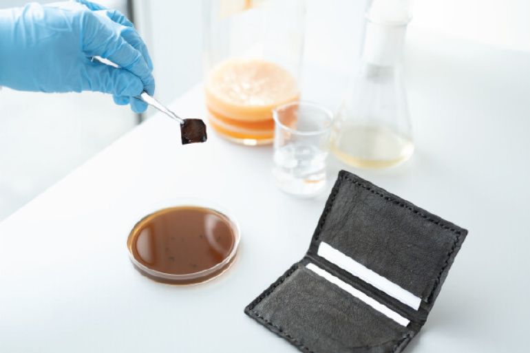 Researchers at Imperial College London have genetically engineered bacteria to grow animal- and plastic-free leather that dyes itself.