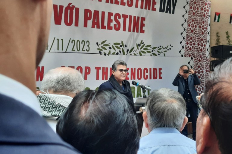 Salama delivers a speech in Hanoi during an event in November to commemorate the Palestinians killed in Gaza [Courtesy of Tu Ly]