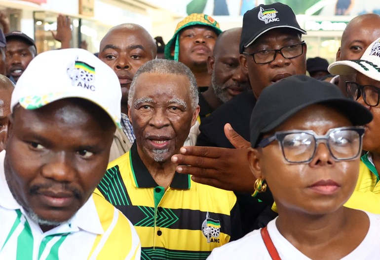 Former ANC President Thabo Mbeki looks on during an election campaign trial, as South Africa prepares for national and provincial elections to be held on May 29, in Soweto, South Africa, April 25, 2024. REUTERS/Siphiwe Sibeko
