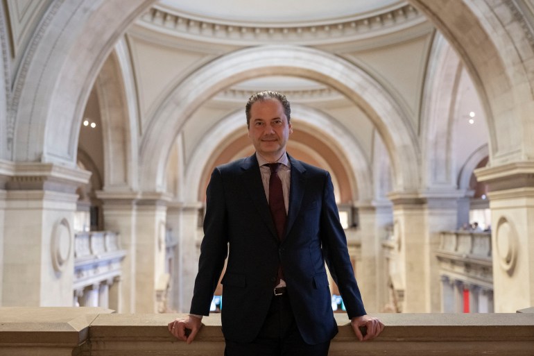 Max Hollein, CEO and Director of the Metropolitan Museum of Art, poses for a portrait at The Met in New York on April 4, 2024. - The Metropolitan Museum of Art in New York, one of the world's largest museums, wants to offer its millions of visitors an approach to art that is less 