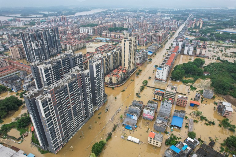 This aerial photo taken on April 22, 2024 shows a general view of flooded buildings and streets after heavy rains in Qingyuan city, in Chinas southern Guangdong province. (Photo by CNS / AFP) / China OUT / CHINA OUT
