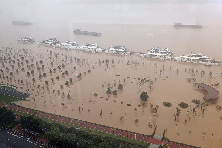 A general view of a submerged street after heavy rains in Qingyuan City, in Chinas southern Guangdong Province on April 22, 2024. (Photo by AFP) / China OUT / CHINA OUT