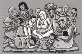 رسامة الكاريكاتير أمية جحا وثقت في يومياتها أيام الحرب الإسرائيلية على غزة لا سيما أحداث محيط مستشفى الشفاء (الجزيرة)