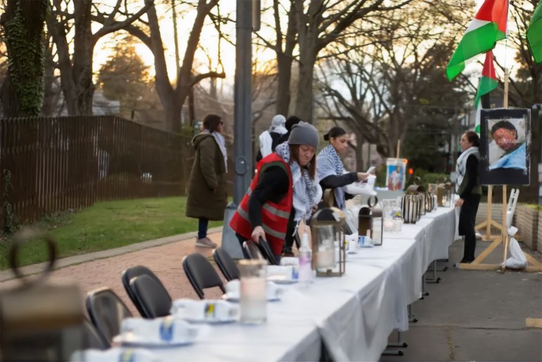 Protesters set up an iftar table in front of the Israeli embassy in Washington, DC
