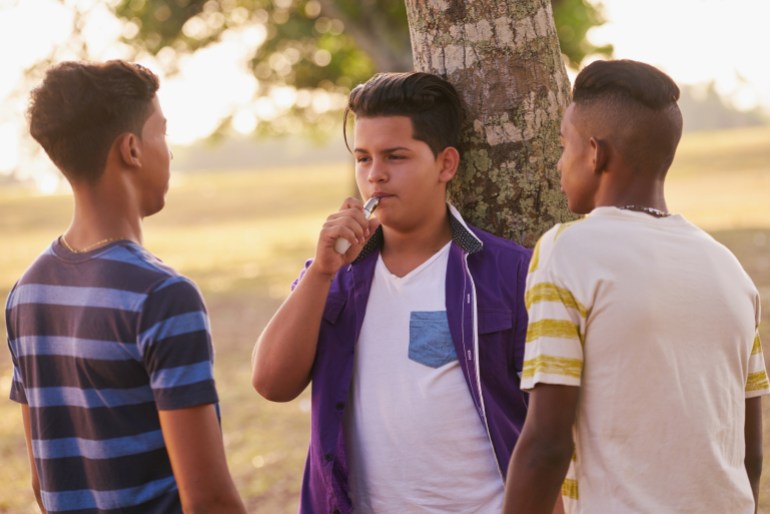 Health problems and social issues. Teenagers smoking electronic cigarette in park.; Shutterstock ID 441252415; purchase_order: aljazeera ; job: ; client: ; other: