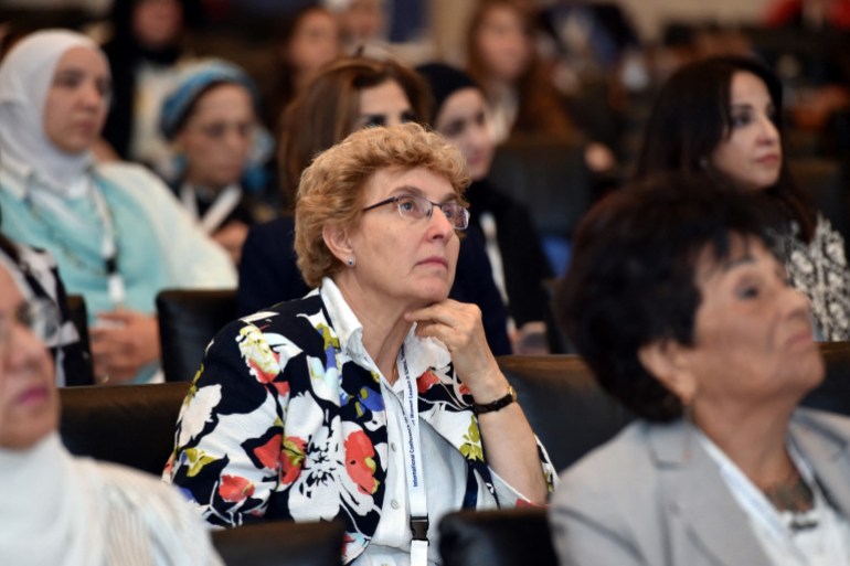 A handout picture made availaible by KFAS (Kuwait Foundation for the Advancement of Science) on October 24, 2017, shows Shadia Habbal (C), a Syrian-American astronomer and physicist, attending the International Conference on Women Leaders in Kuwait City. (Photo by STRINGER / KFAS / AFP) / === RESTRICTED TO EDITORIAL USE - MANDATORY CREDIT "AFP PHOTO / HO / KFAS (KUWAIT FOUNDATION FOR THE ADVANCEMENT OF SCIENCE)" - NO MARKETING NO ADVERTISING CAMPAIGNS - DISTRIBUTED AS A SERVICE TO CLIENTS === - === RESTRICTED TO EDITORIAL USE - MANDATORY CREDIT "AFP PHOTO / HO / KFAS (Kuwait Foundation for the Advancement of Science)" - NO MARKETING NO ADVERTISING CAMPAIGNS - DISTRIBUTED AS A SERVICE TO CLIENTS === /