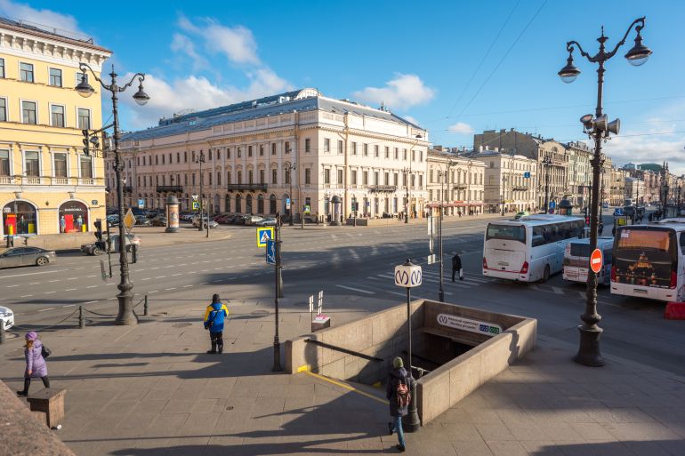 Saint Petersburg, Russia - February 27, 2020: Nevsky Prospect and an exit of Nevsky Prospekt metro station at the intersection with Dumskaya Street.; Shutterstock ID 1676327896; purchase_order: aljazeera ; job: ; client: ; other: