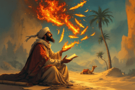 A conceptual illustration combining ancient and modern elements of Arabic culture. On the left side, show a classical Arabic poet in traditional attire (like a turban and robe) passionately reciting poetry in a desert majlis setting, with scrolls, palm trees, and a camel nearby. His speech visually flows out in fiery, representing verbal attacks (curses, insults) shaped like daggers or flames.