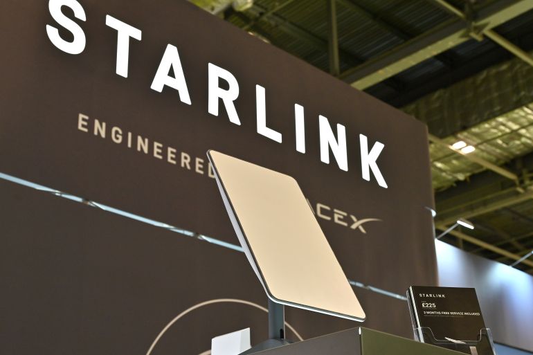 LONDON, ENGLAND - MARCH 28: A Starlink engineered by Spacex is displayed during the Everything Electric London 2024 at ExCel on March 28, 2024 in London, England. Starlink is a satellite internet constellation operated by Starlink Services, the world’s largest constellation of satellites operating in a low orbit around the Earth. The show, designed to inspire people, includes an array of visitor attractions, dozens of 'live sessions' and an exhibition of hundreds of companies, electric vehicles of all types, and a large selection of home energy options. (Photo by John Keeble/Getty Images)