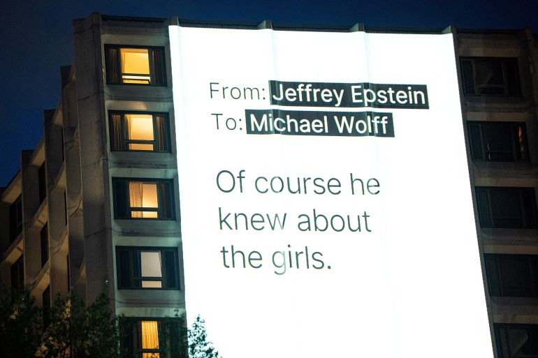 A projection related to the late financier and convicted sex offender Jeffrey Epstein's case on the Washington Hilton in Washington, D.C., U.S., April 24, 2026. REUTERS/Aaron Schwartz REFILE - CORRECTING FROM "DOCUMENTS AND PHOTOS OF LATE FINANCIER AND CONVICTED SEX OFFENDER JEFFREY EPSTEIN AND U.S. PRESIDENT DONALD TRUMP ARE PROJECTED" TO "A PROJECTION RELATED TO THE LATE FINANCIER AND CONVICTED SEX OFFENDER JEFFREY EPSTEIN'S CASE".
