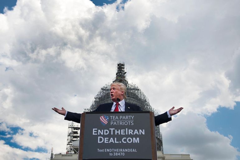 WASHINGTON, DC - SEPTEMBER 9: Donald Trump speaks at a the Stop The Iran Nuclear Deal protest in front of the U.S. Capitol in Washington, DC on September 9, 2015. Notables at the protest were Ted Cruz, Donald Trump, Sarah Palin, Duck Dynasty's Phil Robertson. The event was organized by the Tea Party. (Photo by Linda Davidson/The Washington Post via Getty Images)