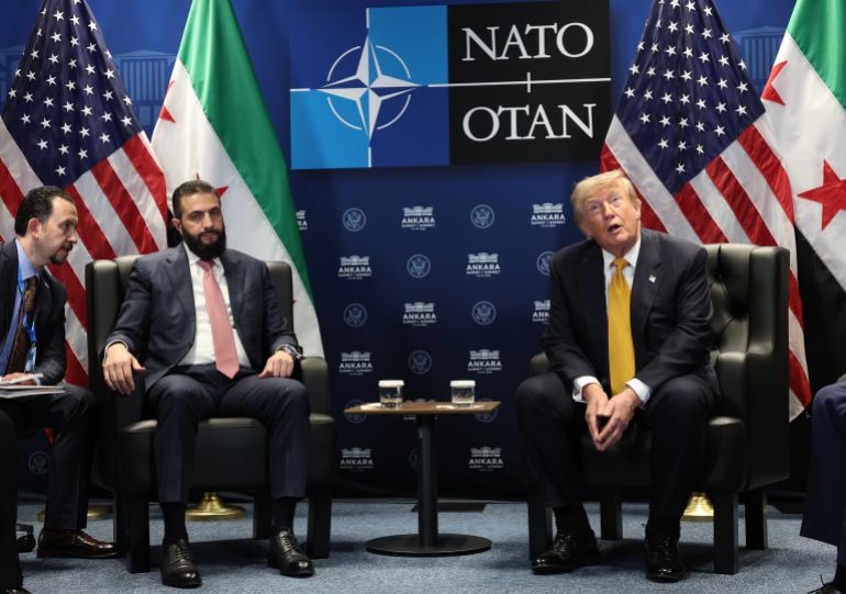 ANKARA, TURKEY - JULY 08: U.S. President Donald Trump (R) meets with Ahmed al-Sharaa, President of Syria (2nd L) for bilateral talks at Beştepe Presidential Compound during the NATO Summit on July 08, 2026 in Ankara, Turkey. Leaders from NATO's 32 countries, plus NATO allies like Ukraine, gathered in the Turkish capital to discuss a range of issues involving spending targets, defense industrial production, and support for Ukraine, among other topics. (Photo by Win McNamee/Getty Images)