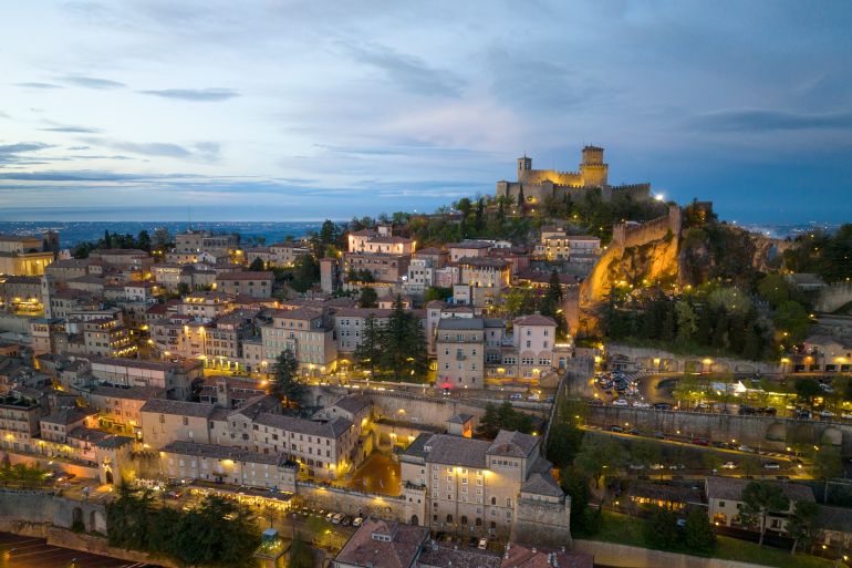 aerial view taken by drone of historical centre of San Marino, Republic of San Marino, Europe