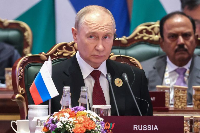 In this pool photograph distributed by the Russian state agency Sputnik, Russia's President Vladimir Putin attends the 18th BRICS Summit in New Delhi on September 13, 2026. (Photo by Alexander KAZAKOV / POOL / AFP) / ***EDITOR'S NOTE : THIS IMAGE IS DISTRIBUTED BY THE RUSSIAN STATE OWNED AGENCY SPUTNIK***