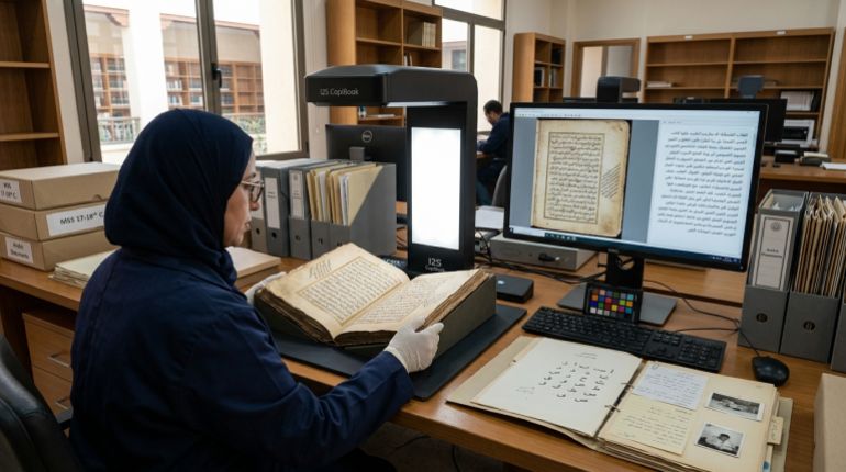 من صورة الصفحة إلى نص قابل للقراءة آليا، تبدأ مرحلة جديدة في رقمنة الوثائق العربية.(مولدة بالذكاء الاصطناعي/الجزيرة)