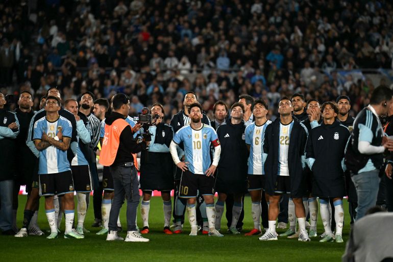 Argentina's forward #10 Lionel Messi reacts in a tribute after the international friendly football match between Argentina and Benin at the Mas Monumental stadium in Buenos Aires on October 6, 2026. (Photo by Luis ROBAYO / AFP)