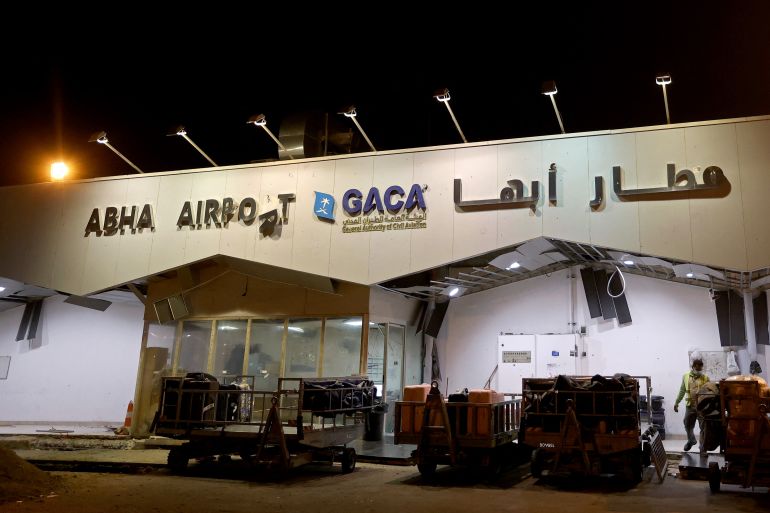 A picture shows the entrance of Abha airport in the popular mountain resort of Abha in the southwest of Saudi Arabia on August 31, 2021. A drone attack on Saudi Arabia's Abha airport wounded eight people, said the Saudi-led coalition battling Huthi rebels in neighbouring Yemen. (Photo by Fayez Nureldine / AFP)