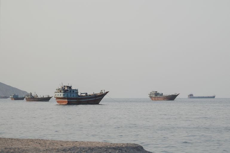 Ships are anchored off the coast of Khasab in Oman’s Musandam Governorate, near the Strait of Hormuz, on October 2, 2026.