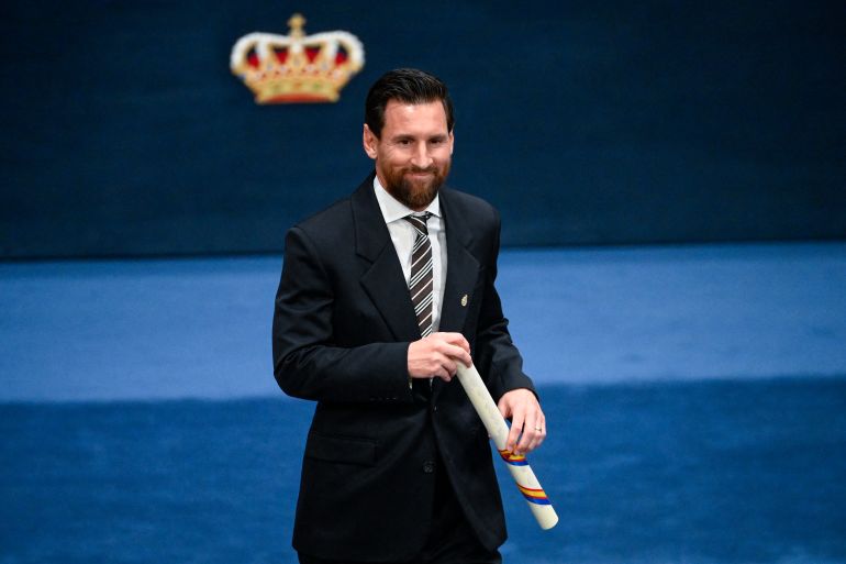 Argentine football legend Lionel Messi receives the 2026 Princess of Asturias Award for Sport during the 2026 Princess of Asturias Awards ceremony at the Campoamor theatre in Oviedo on October 23, 2026. (Photo by Miguel RIOPA / AFP)