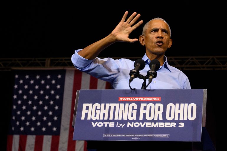 CLEVELAND, OHIO - OCTOBER 24: Former U.S. President Barack Obama speaks during a campaign rally at Cleveland Public Auditorium on October 24, 2026 in Cleveland, Ohio. Obama is campaigning for Ohio Democratic candidates including Senate candidate, former Sen. Sherrod Brown (D-OH) and gubernatorial candidate Dr. Amy Acton ahead of next week's midterm elections on November 3. Jeff Swensen/Getty Images/AFP (Photo by JEFF SWENSEN / GETTY IMAGES NORTH AMERICA / Getty Images via AFP)