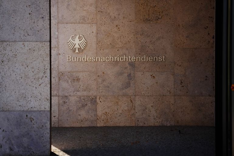 A view of an entrance at the headquarters of Germany's foreign intelligence service Bundes Nachrichten Dienst, known as BND, in Berlin, Germany, Wednesday, Oct. 7, 2026. (AP Photo/Markus Schreiber)