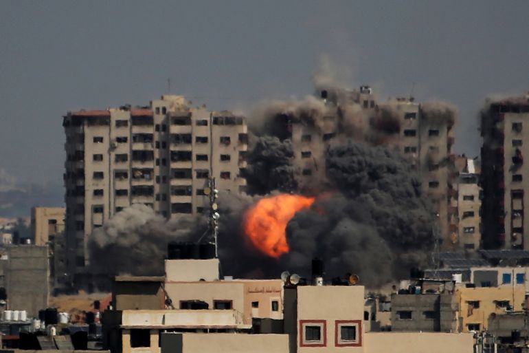 GAZA CITY, GAZA - OCTOBER 12: An explosion on a residential tower caused by Israeli air raids in the northern Gaza Strip on October 12, 2023 in Gaza City, Gaza. At least 1,200 people, including at least 326 children, have been killed and more than 300,000 displaced, after Israel launched sustained retaliatory air strikes after a large-scale attack by Hamas. On October 7, the Palestinian militant group Hamas launched a surprise attack on Israel from Gaza by land, sea, and air, killing 1000 people and wounding more than 2000. Israeli soldiers and civilians have also been taken hostage by Hamas and moved into Gaza. The attack prompted a declaration of war by Israeli Prime Minister Benjamin Netanyahu. (Photo by Ahmad Hasaballah/Getty Images)