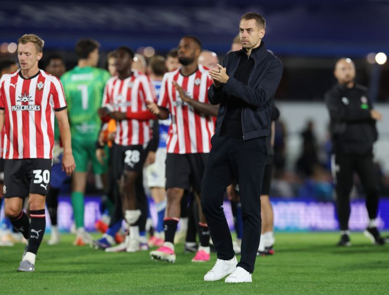 BIRMINGHAM, ENGLAND - SEPTEMBER 01: Tonda Eckert, Manager of Southampton, applauds the fans after the Sky Bet Championship 2026/27 match between Birmingham City and Southampton at St Andrew’s at Knighthead Park on September 01, 2026 in Birmingham, England. (Photo by David Rogers/Getty Images)