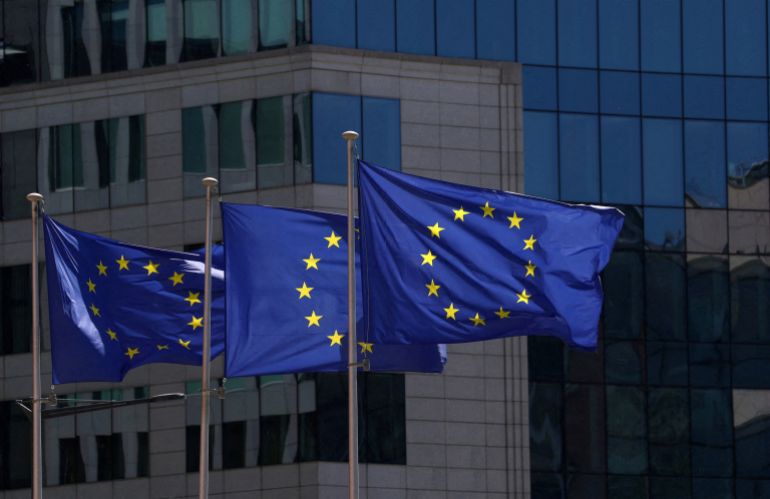 FILE PHOTO: European Union flags flutter outside the European Commission headquarters in Brussels, Belgium April 29, 2026. REUTERS/Yves Herman//File Photo