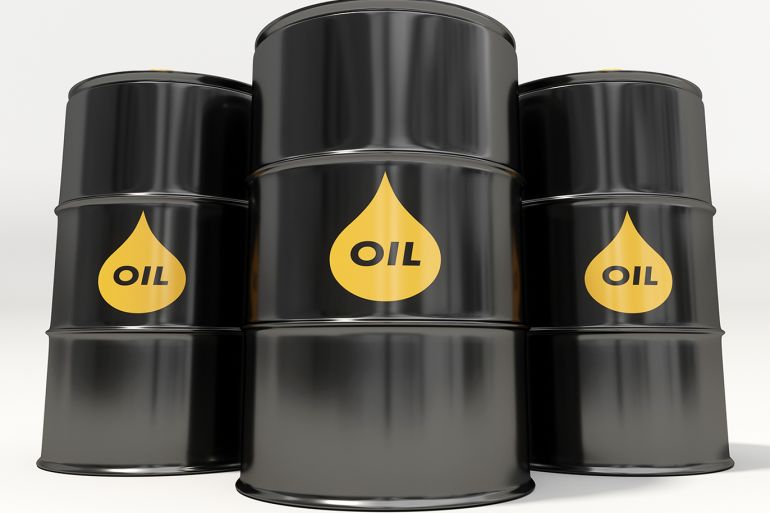 Black metal oil barrels on white background - oil