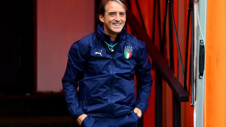 Italy Training Session and Press Conference - UEFA Euro 2020: Semi-final LONDON, ENGLAND - JULY 05: Roberto Mancini, Head Coach of Italy reacts during the Italy Training Session ahead of the Euro 2020 Semi-Final match between Italy and Spain at The Hive Transfer Training Centre on July 05, 2021 in London, England. (Photo by Claudio Villa/Getty Images)