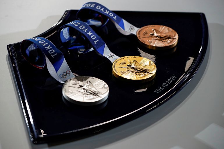 Tokyo 2020 unveils items for victory ceremonies of the Olympic and Paralympic Games in Tokyo A medal tray that will be used for the victory ceremonies of the Tokyo 2020 Olympic and Paralympic Games is displayed during the unveiling event at Ariake Arena in Tokyo, Japan June 3, 2021. REUTERS/Issei Kato/Pool